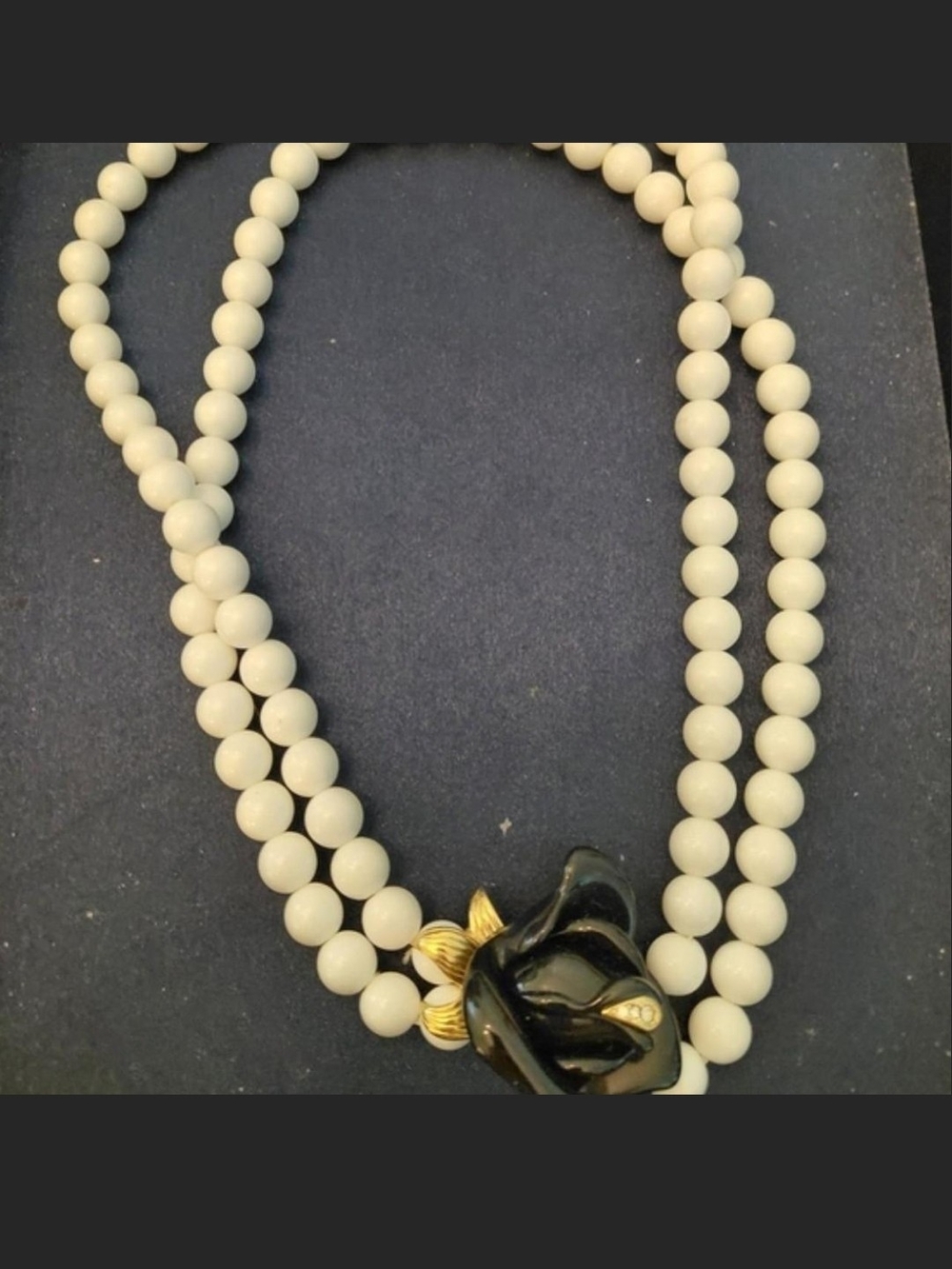Avon White Bead Necklace with Black Floral Gold-Accent Clasp